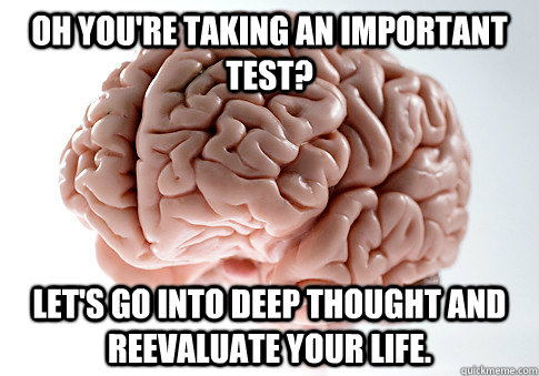 Oh you're taking an important test? Let's go into deep thought and reevaluate your life.  - Oh you're taking an important test? Let's go into deep thought and reevaluate your life.   Scumbag Brain