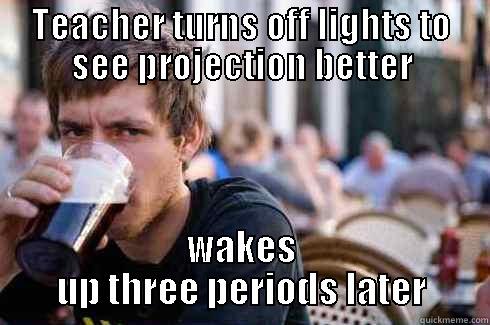 TEACHER TURNS OFF LIGHTS TO SEE PROJECTION BETTER WAKES UP THREE PERIODS LATER Lazy College Senior