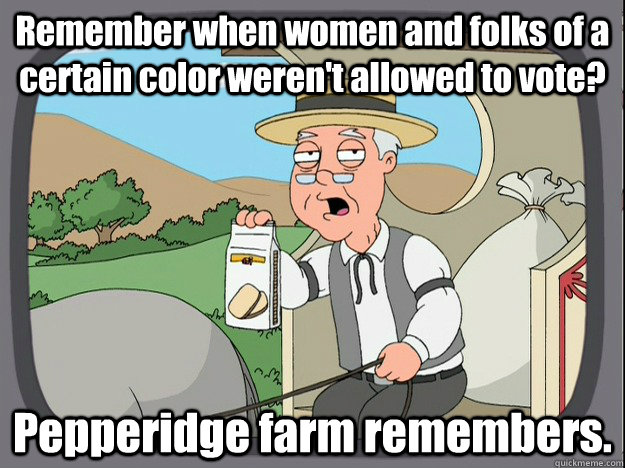 Remember when women and folks of a certain color weren't allowed to vote? Pepperidge farm remembers.  Pepperidge Farm Remembers