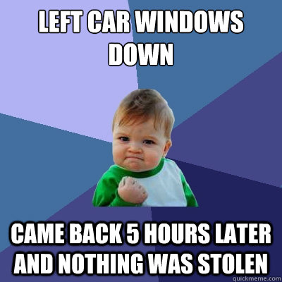 left car windows down came back 5 hours later and nothing was stolen  Success Kid