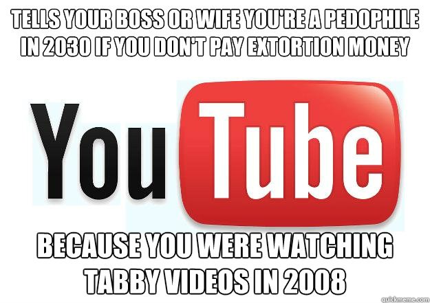 tells your boss or wife you're a pedophile in 2030 if you don't pay extortion money because you were watching tabby videos in 2008  Scumbag Youtube