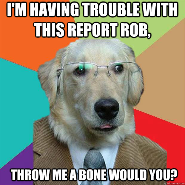 I'm having trouble with this report rob, throw me a bone would you? - I'm having trouble with this report rob, throw me a bone would you?  Business Dog