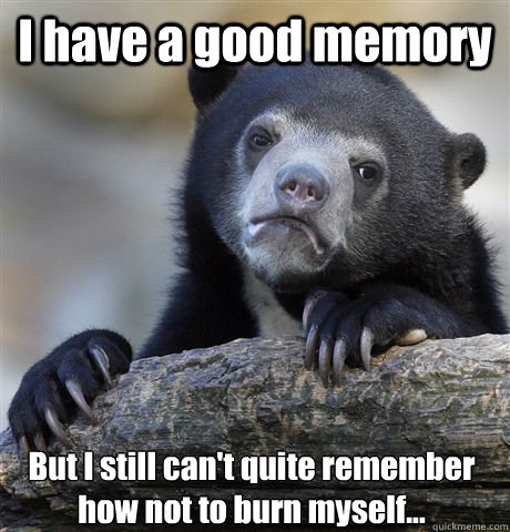 I have a good memory But I still can't quite remember how not to burn myself...  Confession Bear