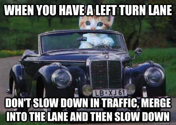 When you have a left turn lane don't slow down in traffic, merge into the lane and then slow down - When you have a left turn lane don't slow down in traffic, merge into the lane and then slow down  Driving Advice Kitten