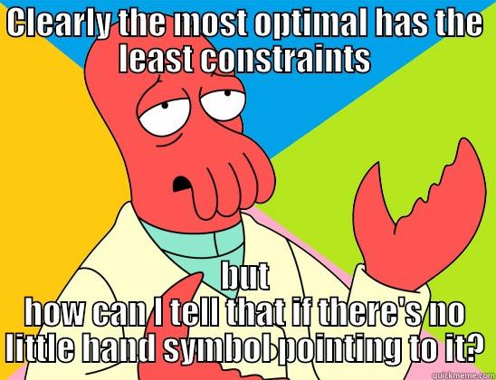 Linguistics Students Are All Like - CLEARLY THE MOST OPTIMAL HAS THE LEAST CONSTRAINTS BUT HOW CAN I TELL THAT IF THERE'S NO LITTLE HAND SYMBOL POINTING TO IT? Futurama Zoidberg 