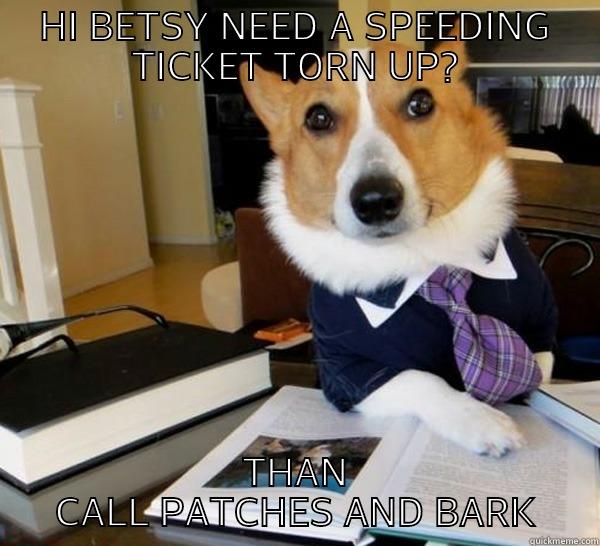 HI BETSY NEED A SPEEDING TICKET TORN UP? THAN CALL PATCHES AND BARK Lawyer Dog