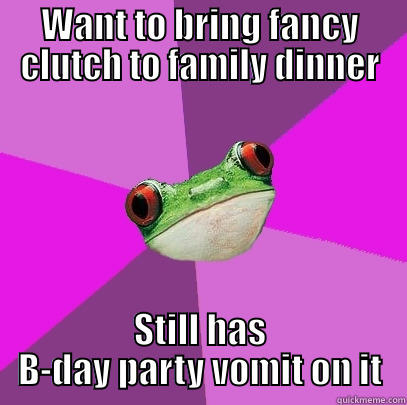 WANT TO BRING FANCY CLUTCH TO FAMILY DINNER STILL HAS B-DAY PARTY VOMIT ON IT Foul Bachelorette Frog