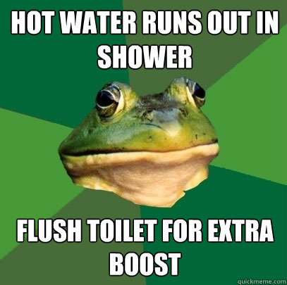 Hot water runs out in shower flush toilet for extra boost  Foul Bachelor Frog