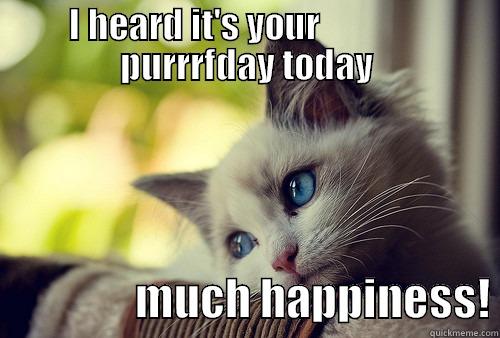 I HEARD IT'S YOUR                PURRRFDAY TODAY                 MUCH HAPPINESS! First World Problems Cat