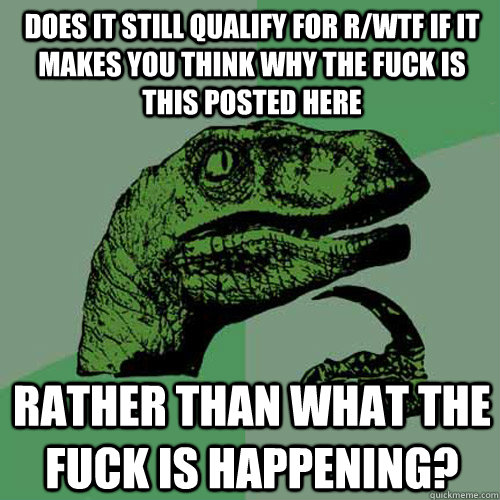 Does it still qualify for r/WTF if it makes you think WHY the fuck is this posted here  rather than what the fuck is happening? - Does it still qualify for r/WTF if it makes you think WHY the fuck is this posted here  rather than what the fuck is happening?  Philosoraptor