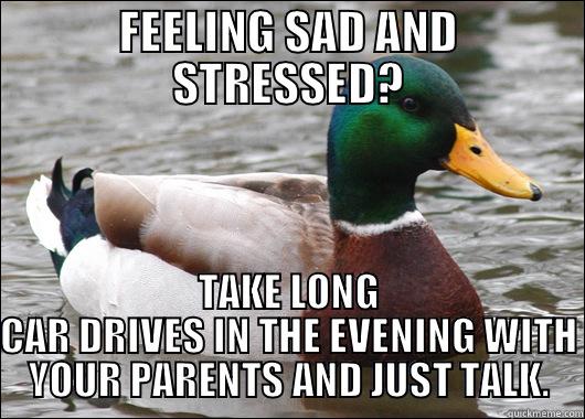 FEELING SAD AND STRESSED? TAKE LONG CAR DRIVES IN THE EVENING WITH YOUR PARENTS AND JUST TALK. Actual Advice Mallard