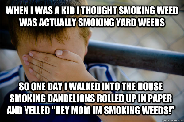 When I was a kid I thought smoking weed was actually smoking yard weeds So one day i walked into the house smoking dandelions rolled up in paper and yelled 