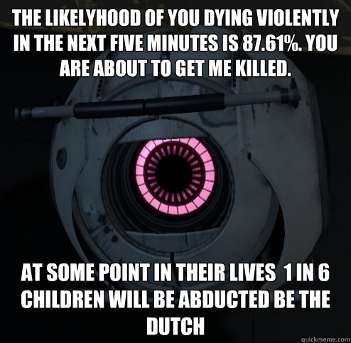 The likelyhood of you dying violently in the next five minutes is 87.61%. You are about to get me killed. At some point in their lives  1 in 6 children will be abducted be the Dutch  Innacurate Fact Sphere