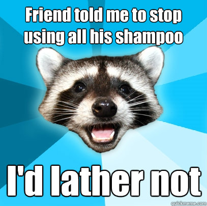 Friend told me to stop using all his shampoo I'd lather not  Lame Pun Coon