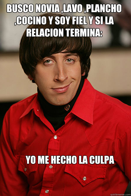 Busco novia ,lavo ,plancho ,cocino y soy fiel y si la relacion termina:  yo me hecho la culpa   Pickup Line Scientist