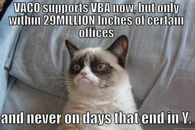 VACO SUPPORTS VBA NOW, BUT ONLY WITHIN 29MILLION INCHES OF CERTAIN OFFICES  AND NEVER ON DAYS THAT END IN Y. Grumpy Cat