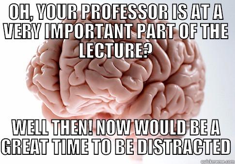 OH, YOUR PROFESSOR IS AT A VERY IMPORTANT PART OF THE LECTURE? WELL THEN! NOW WOULD BE A GREAT TIME TO BE DISTRACTED Scumbag Brain