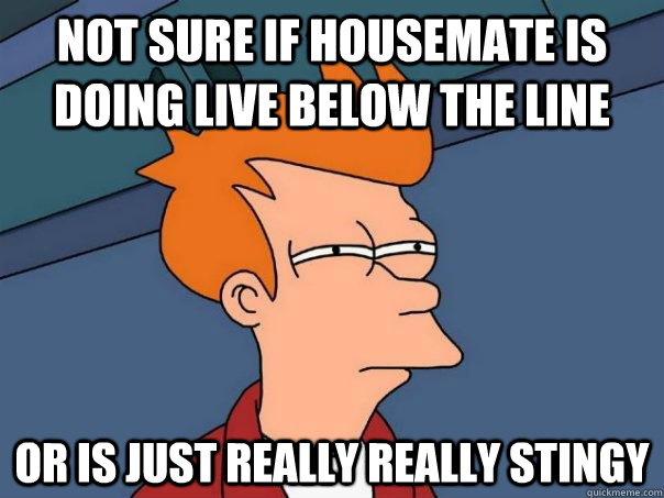 NOT SURE IF housemate is doing live below the line Or is just really really stingy  Futurama Fry