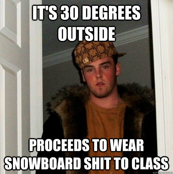 It's 30 degrees outside Proceeds to wear snowboard shit to class  Scumbag Steve