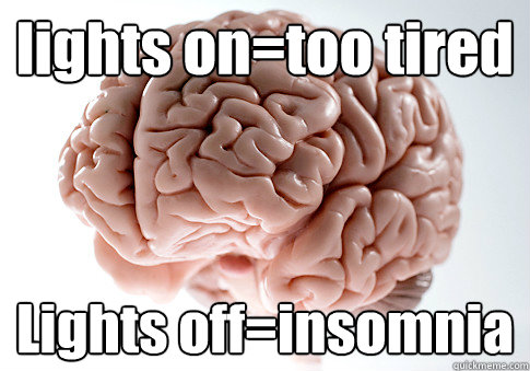 lights on=too tired  Lights off=insomnia   Scumbag Brain