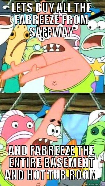 LETS BUY ALL THE FABREEZE FROM SAFEWAY AND FABREEZE THE ENTIRE BASEMENT AND HOT TUB ROOM Push it somewhere else Patrick