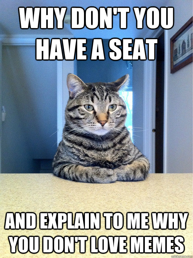 Why don't you have a seat and explain to me why you don't love memes  Chris Hansen Cat