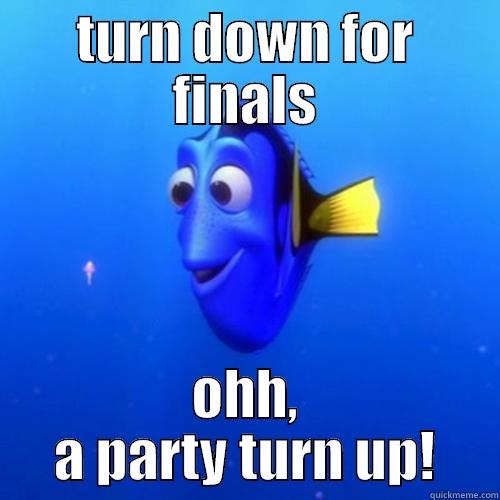 TURN DOWN FOR FINALS OHH, A PARTY TURN UP! dory