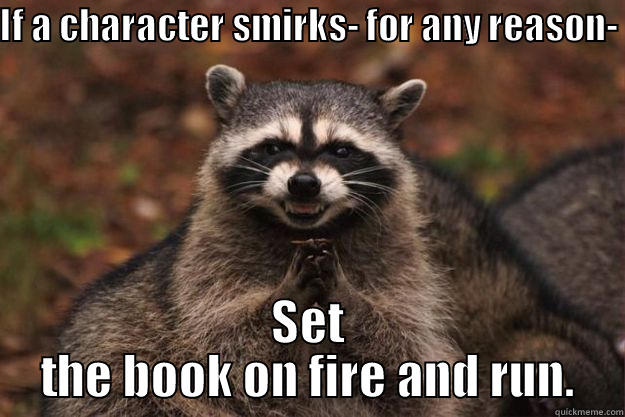 IF A CHARACTER SMIRKS- FOR ANY REASON-  SET THE BOOK ON FIRE AND RUN. Evil Plotting Raccoon