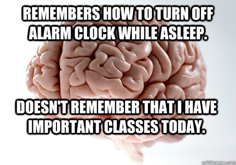 Remembers how to turn off alarm clock while asleep.  Doesn't remember that I have important classes today.  - Remembers how to turn off alarm clock while asleep.  Doesn't remember that I have important classes today.   Scumbag Brain