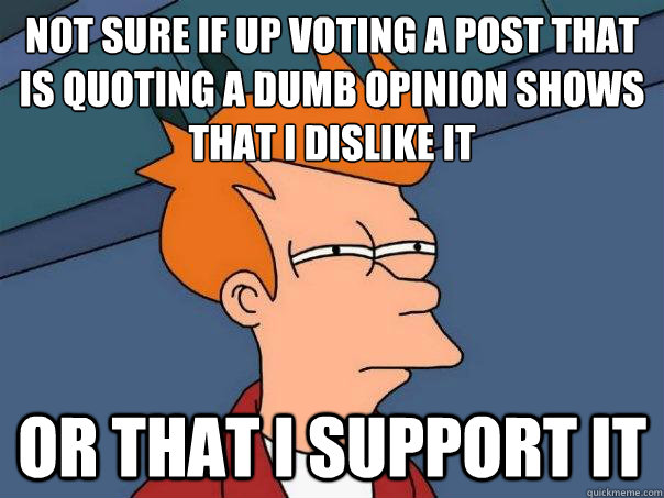 Not sure if up voting a post that is quoting a dumb opinion shows that I dislike it or that I support it  Futurama Fry