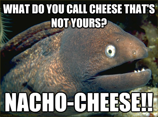 What do you call cheese that's not yours? NACHO-Cheese!!  Bad Joke Eel