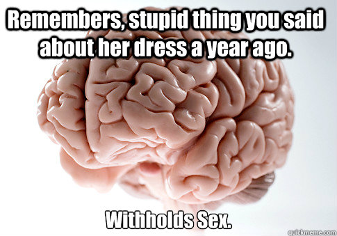 Remembers, stupid thing you said about her dress a year ago.  Withholds Sex.   Scumbag Brain