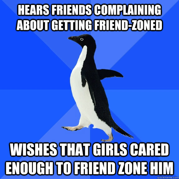 Hears friends complaining about getting friend-zoned Wishes that girls cared enough to friend zone him  Socially Awkward Penguin