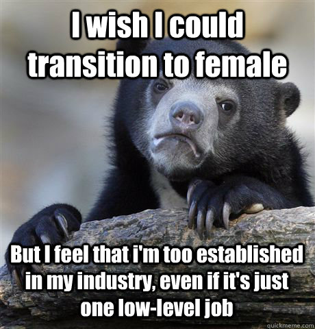 I wish I could transition to female But I feel that i'm too established in my industry, even if it's just one low-level job - I wish I could transition to female But I feel that i'm too established in my industry, even if it's just one low-level job  Confession Bear