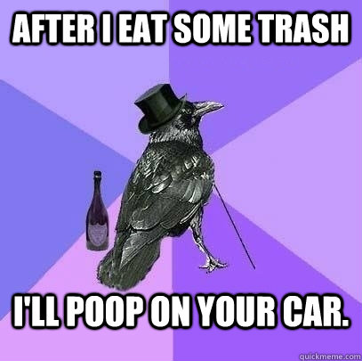 After I eat some trash I'll poop on your car. - After I eat some trash I'll poop on your car.  Rich Raven