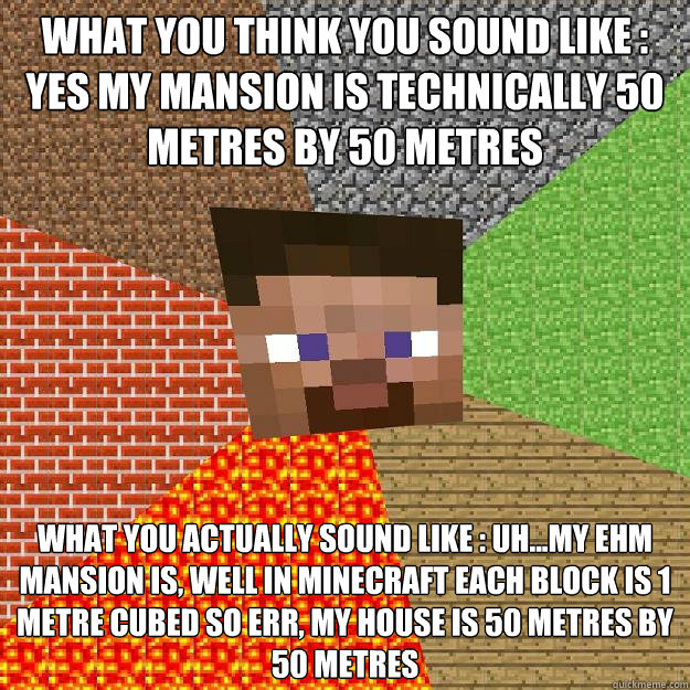 What you think you sound like : Yes my mansion is technically 50 metres by 50 metres What you actually sound like : Uh...My ehm mansion is, well in minecraft each block is 1 metre cubed so err, my house is 50 metres by 50 metres  Minecraft