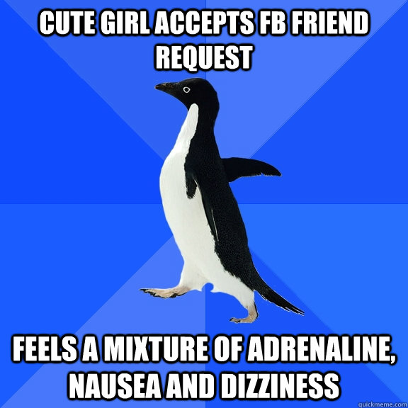 Cute girl accepts fb friend request feels a mixture of adrenaline, nausea and dizziness  Socially Awkward Penguin