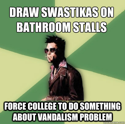 Draw swastikas on bathroom stalls Force college to do something about vandalism problem  Helpful Tyler Durden