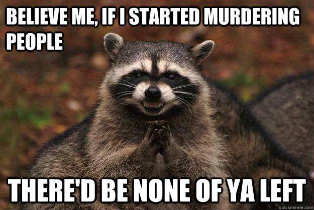 Believe me, if I started murdering people  there'd be none of ya left   Evil Plotting Raccoon