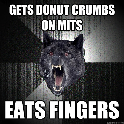 gets donut crumbs on mits EATS FINGERS  Insanity Wolf