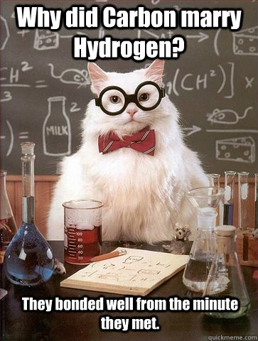 Why did Carbon marry Hydrogen? They bonded well from the minute they met.   Chemistry Cat