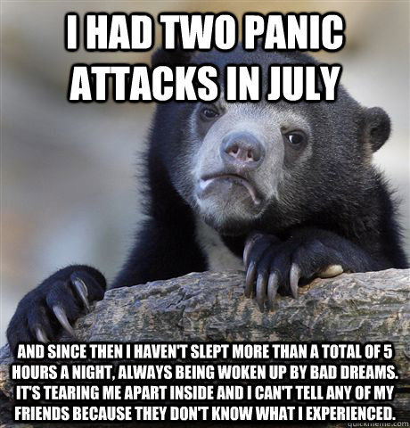 I had two panic attacks in July  and since then I haven't slept more than a total of 5 hours a night, always being woken up by bad dreams.  It's tearing me apart inside and I can't tell any of my friends because they don't know what I experienced.    Confession Bear