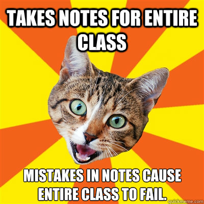 Takes notes for entire class Mistakes in notes cause  entire class to fail.  Bad Advice Cat