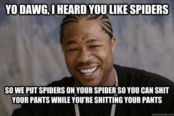 Yo Dawg, I heard you like spiders So we put spiders on your spider so you can shit your pants while you're shitting your pants  YO DAWG