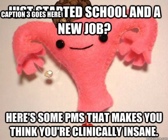 Just started school and a new job?  Here's some PMS that makes you think you're clinically insane.  Caption 3 goes here  Scumbag Uterus