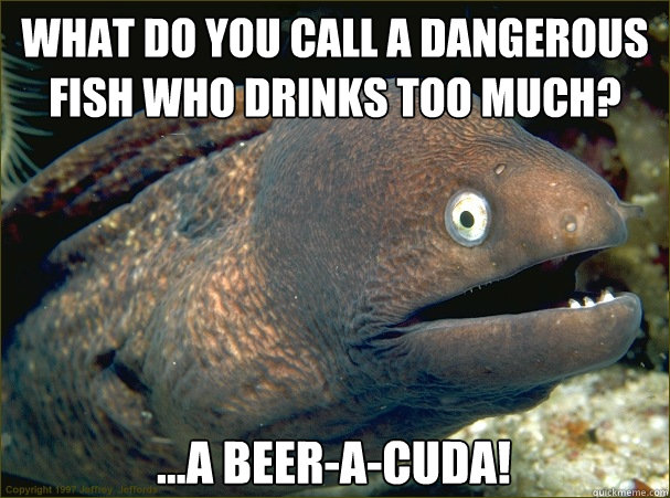 What do you call a dangerous fish who drinks too much? …A beer-a-cuda! - What do you call a dangerous fish who drinks too much? …A beer-a-cuda!  Bad Joke Eel