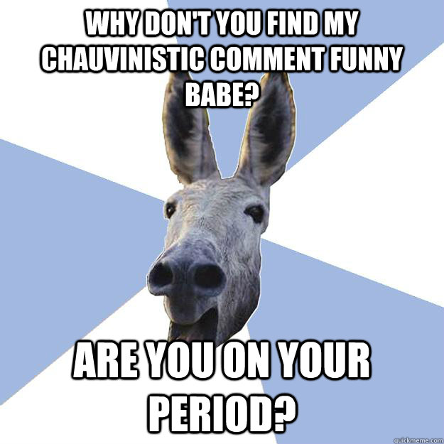 why don't you find my chauvinistic comment funny babe? are you on your period?  Jackass Boyfriend