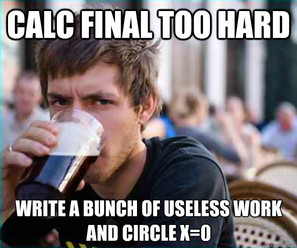 calc final too hard write a bunch of useless work and circle x=0  Lazy College Senior