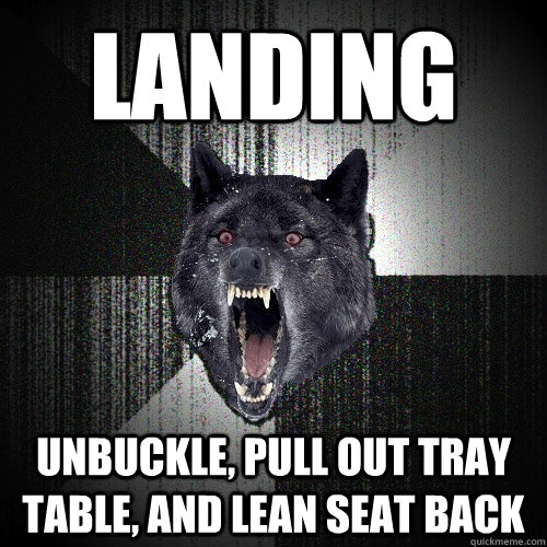 landing unbuckle, pull out tray table, and lean seat back  Insanity Wolf