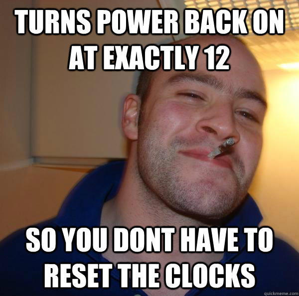 Turns power back on at exactly 12 so you dont have to reset the clocks - Turns power back on at exactly 12 so you dont have to reset the clocks  Misc